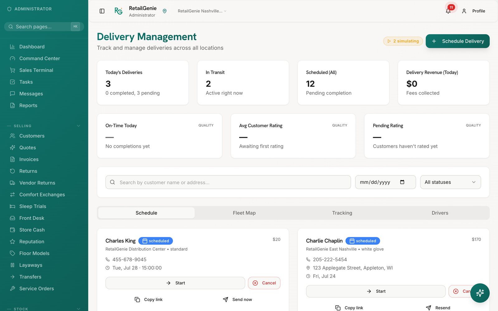 Delivery day: Routes, windows and crews for the day, and the tracking link the customer already has on their phone.