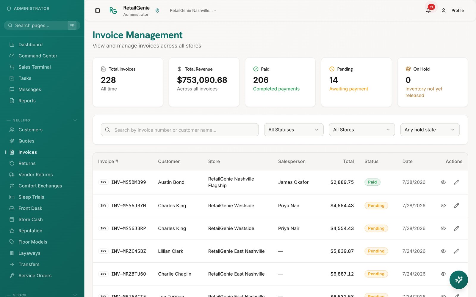 Every order in one list: Filter across stores, statuses and hold states. Each row carries the reason it is still open, so nothing sits in limbo because a deposit or a delivery never got chased.
