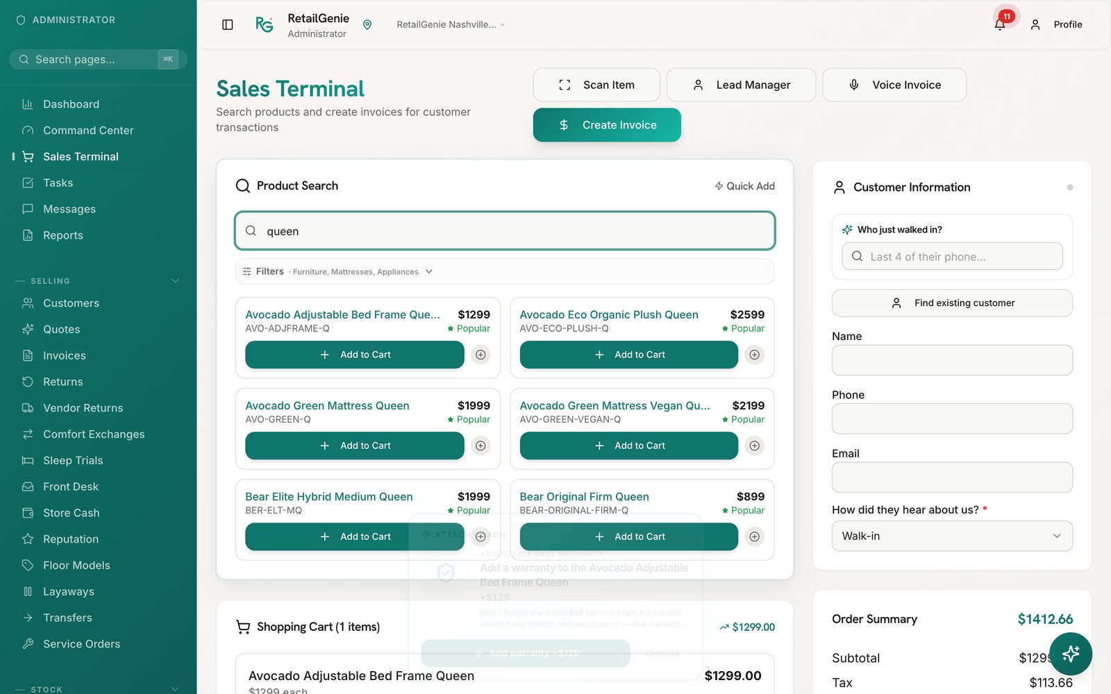 The sales floor: Product search across the catalog, a running cart with tax and delivery, and the customer panel that captures how they heard about you before the sale closes.